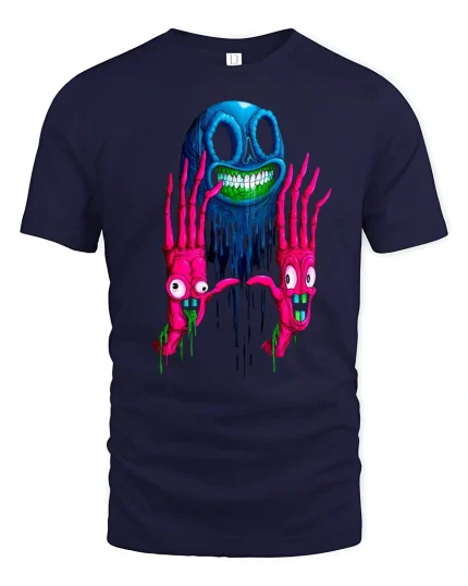 Trippy Skeleton Hands Horror Art Neon Graphic T-Shirt - navy t-shirt on white background