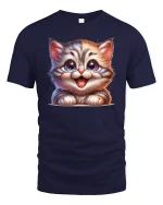 Cute Happy Kitten Big Eyes Cartoon Cat Lover T-Shirt - navy t-shirt on white background