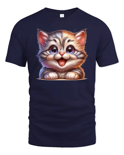Cute Happy Kitten Big Eyes Cartoon Cat Lover T-Shirt - navy t-shirt on white background