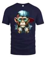 Cool DJ Monkey Hip Hop Street Style Graphic T-Shirt - navy t-shirt on white background