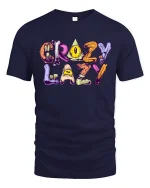 Crazy Lazy Funny Cartoon Lettering Graphic T-Shirt - navy t-shirt on white background