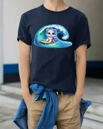 Surfing Kitten on Wave Cute Beach Vibes Graphic T-Shirt - model wearing Navy T-shirt, hands in pockets, denim shirt at waist