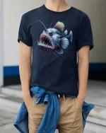 Deep Sea Angler Fish Horror Ocean Graphic T-Shirt - model wearing Navy T-shirt, hands in pockets, denim shirt at waist