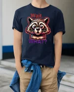 Funny Raccoon Wait What Expression Graphic T-Shirt - model wearing Navy T-shirt, hands in pockets, denim shirt at waist