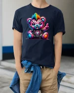 Punk Rock Rainbow Teddy Bear Cool Graphic T-Shirt - model wearing Navy T-shirt, hands in pockets, denim shirt at waist