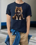 Cool Cat Sunglasses Street Style Funny Graphic T-Shirt - model wearing Navy T-shirt, hands in pockets, denim shirt at waist