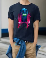Trippy Skeleton Hands Horror Art Neon Graphic T-Shirt - model wearing Navy T-shirt, hands in pockets, denim shirt at waist