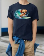 Surfing Puppy Wave Rider Cute Summer Graphic T-Shirt - model wearing Navy T-shirt, hands in pockets, denim shirt at waist