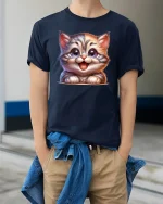 Cute Happy Kitten Big Eyes Cartoon Cat Lover T-Shirt - model wearing Navy T-shirt, hands in pockets, denim shirt at waist