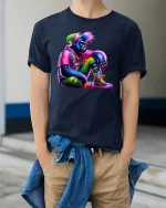 Neon Gorilla Streetwear Urban Style Graphic T-Shirt - model wearing Navy T-shirt, hands in pockets, denim shirt at waist