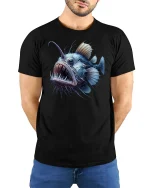 Deep Sea Angler Fish Horror Ocean Graphic T-Shirt - model with hands behind back, wearing Black T-shirt and blue jeans
