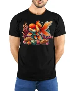Vibrant Goldfish Coral Reef Ocean Art Graphic T-Shirt - model with hands behind back, wearing Black T-shirt and blue jeans