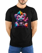 Punk Rock Rainbow Teddy Bear Cool Graphic T-Shirt - model with hands behind back, wearing Black T-shirt and blue jeans