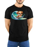Surfing Puppy Wave Rider Cute Summer Graphic T-Shirt - model with hands behind back, wearing Black T-shirt and blue jeans