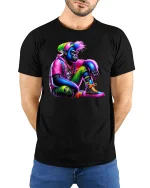 Neon Gorilla Streetwear Urban Style Graphic T-Shirt - model with hands behind back, wearing Black T-shirt and blue jeans