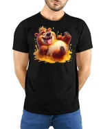 Funny Honey Bear Splash Cartoon Graphic T-Shirt - model with hands behind back, wearing Black T-shirt and blue jeans