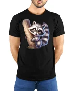Cute Raccoon Hugging Tree Funny Animal Graphic T-Shirt - model with hands behind back, wearing Black T-shirt and blue jeans