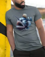 Deep Sea Angler Fish Horror Ocean Graphic T-Shirt - model leaning on yellow-black pole, wearing Gray T-shirt, hand in pocket