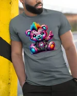 Punk Rock Rainbow Teddy Bear Cool Graphic T-Shirt - model leaning on yellow-black pole, wearing Gray T-shirt, hand in pocket