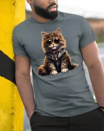Cool Cat Sunglasses Street Style Funny Graphic T-Shirt - model leaning on yellow-black pole, wearing Gray T-shirt, hand in pocket