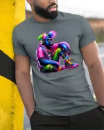 Neon Gorilla Streetwear Urban Style Graphic T-Shirt - model leaning on yellow-black pole, wearing Gray T-shirt, hand in pocket