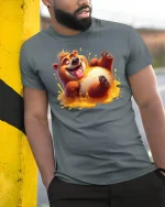 Funny Honey Bear Splash Cartoon Graphic T-Shirt - model leaning on yellow-black pole, wearing Gray T-shirt, hand in pocket