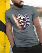 Cute Raccoon Hugging Tree Funny Animal Graphic T-Shirt - model leaning on yellow-black pole, wearing Gray T-shirt, hand in pocket