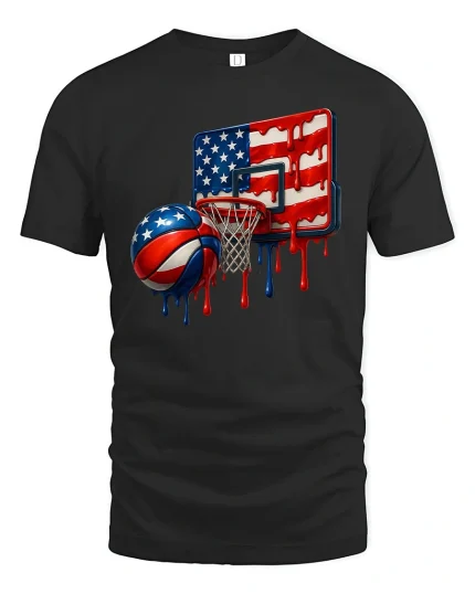 American Flag Basketball Drip Cool Graphic T-Shirt - black t-shirt on white background