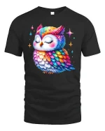 Colorful Galaxy Owl Cute Graphic Art T-Shirt - black t-shirt on white background