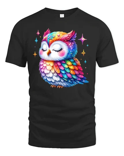 Colorful Galaxy Owl Cute Graphic Art T-Shirt - black t-shirt on white background