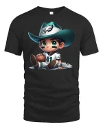 Cute Cowboy Football Player Cartoon Graphic Tee - black t-shirt on white background