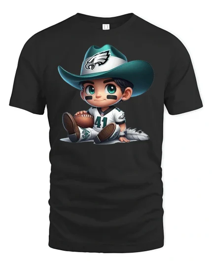 Cute Cowboy Football Player Cartoon Graphic Tee - black t-shirt on white background