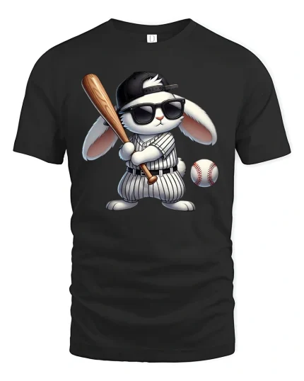 Cool Bunny Baseball Player Funny Graphic T-Shirt - black t-shirt on white background