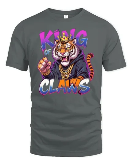 King Of Claws Tiger Streetwear Graphic T-Shirt - gray t-shirt on white background