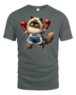 Boxing Cat Champion Funny Fighter Graphic T-Shirt - gray t-shirt on white background
