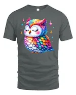 Colorful Galaxy Owl Cute Graphic Art T-Shirt - gray t-shirt on white background