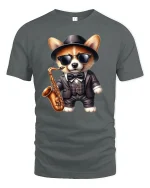 Cool Saxophone Dog Jazz Style Funny Graphic T-Shirt - gray t-shirt on white background