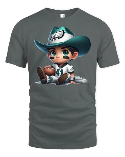 Cute Cowboy Football Player Cartoon Graphic Tee - gray t-shirt on white background