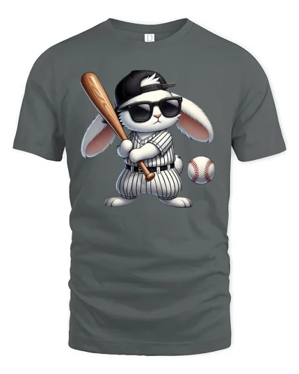 Cool Bunny Baseball Player Funny Graphic T-Shirt - gray t-shirt on white background
