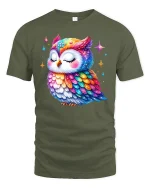 Colorful Galaxy Owl Cute Graphic Art T-Shirt - military green t-shirt on white background