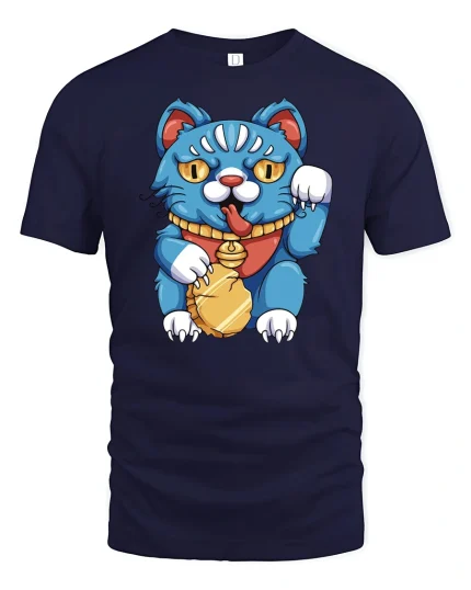 Lucky Blue Cat Funny Japanese Style Graphic T-Shirt - navy t-shirt on white background