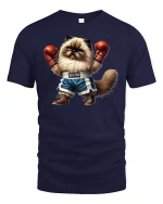 Boxing Cat Champion Funny Fighter Graphic T-Shirt - navy t-shirt on white background