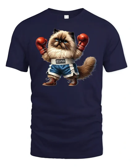 Boxing Cat Champion Funny Fighter Graphic T-Shirt - navy t-shirt on white background