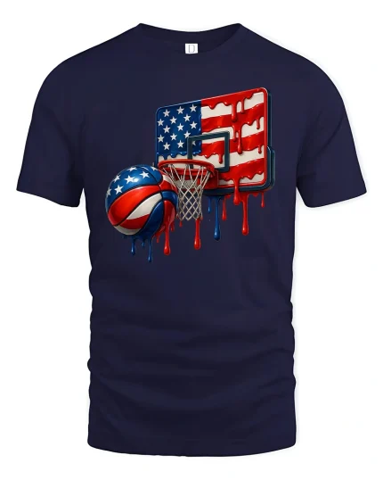 American Flag Basketball Drip Cool Graphic T-Shirt - navy t-shirt on white background