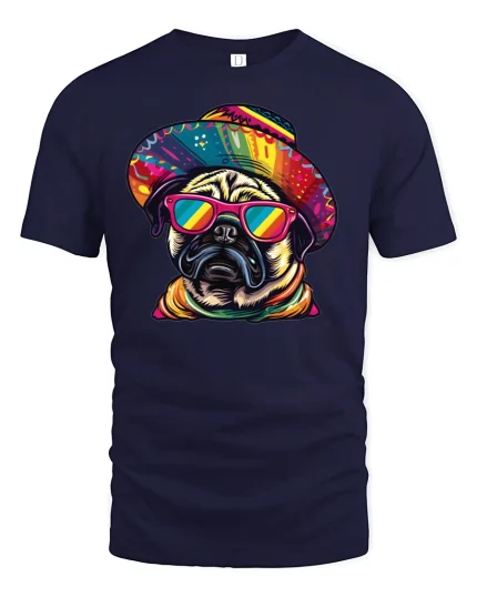 Fiesta Pug Cool Mexican Style Funny Graphic T-Shirt - navy t-shirt on white background