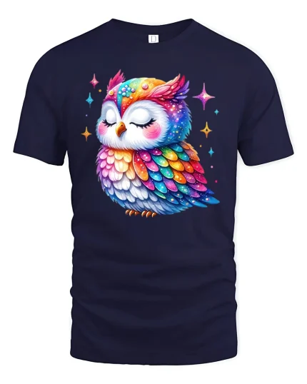 Colorful Galaxy Owl Cute Graphic Art T-Shirt - navy t-shirt on white background