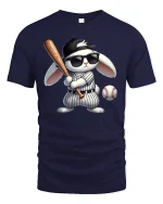 Cool Bunny Baseball Player Funny Graphic T-Shirt - navy t-shirt on white background