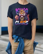 King Of Claws Tiger Streetwear Graphic T-Shirt - model wearing navy tee with hands in pockets