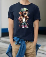 Cool Monkey Swag Streetwear Funny Graphic T-Shirt - model wearing navy tee with hands in pockets
