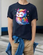 Colorful Galaxy Owl Cute Graphic Art T-Shirt - model wearing navy tee with hands in pockets